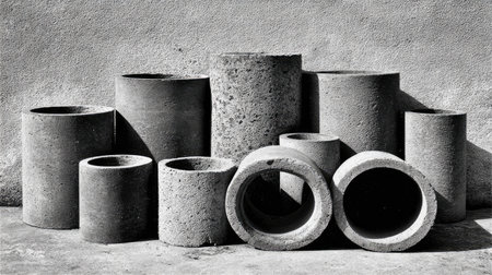 A collection of gray concrete cylinders in various sizes creates a visually striking composition showcasing industrial aesthetics and modern design.の素材