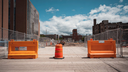 Urban construction site scene featuring bright orange barriers and a traffic cone under a partly cloudy sky. Surrounding areas show demolition and development activity.の素材