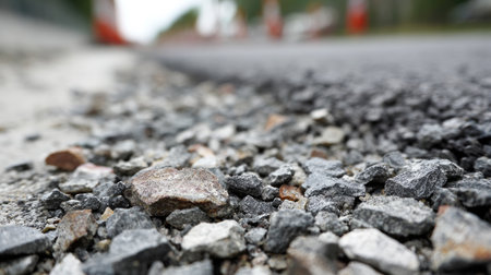 A close-up view of gravel and asphalt on a construction site, highlighting the texture and detail of the materials used in road repairs and urban infrastructure.の素材