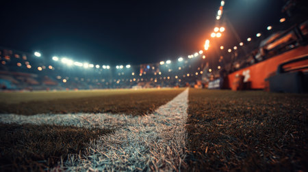 Captured from a low angle, this image showcases a soccer field at night, adorned with bright stadium lights and a vibrant atmosphere, perfect for sports enthusiasts.の素材