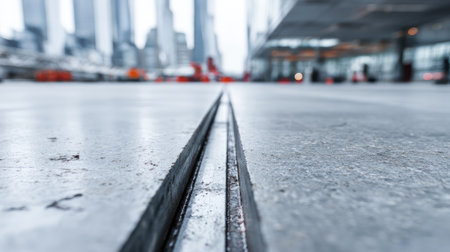 This image features a close-up view of a concrete surface showcasing an expansion joint. The urban setting includes modern skyscrapers in the background, creating a dynamic city atmosphere.の素材