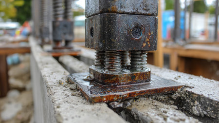 A detailed close-up image showcasing a rusty steel bolt and washer installed on a construction site, highlighting the essential components used in building strong infrastructures.の素材