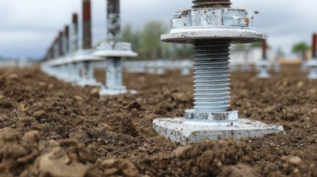 This image captures a close-up perspective of metal bolts embedded in the ground, signifying the foundation work at a construction site surrounded by a cloudy sky.の素材
