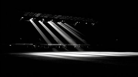 This dramatic black and white photo captures beams of light cutting through darkness in an empty indoor venue, creating a striking atmosphere and visual intrigue.の素材