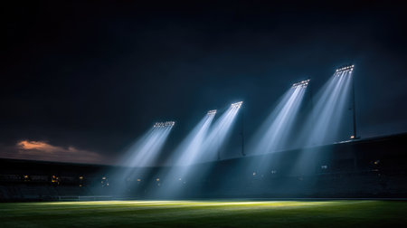 Captivating scene of an empty stadium illuminated by beams of bright lights, creating an intriguing atmosphere. The dark sky contrasts beautifully with the vibrant green field.の素材