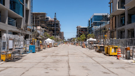A bustling construction site showcases the progress of modern urban development, featuring scaffolding, machinery, and a clear blue sky in the city center.の素材