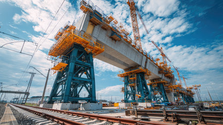 A vibrant construction site features a massive bridge structure being built, showcasing cranes, heavy machinery, and dynamic activities under a bright sky.の素材
