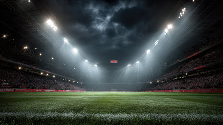 A breathtaking view of a nighttime soccer stadium, featuring an empty grass field illuminated by bright floodlights under dramatic, cloudy skies.の素材