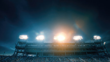 A captivating view of a stadium at night, featuring bright lights against a dramatic sky. The empty bleachers suggest anticipation for an upcoming event.の素材