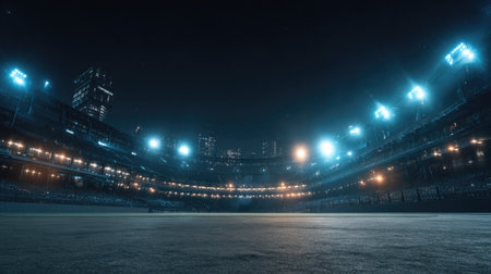 A captivating nighttime view of a stadium filled with bright floodlights illuminating an empty field, surrounded by modern urban architecture and dynamic atmosphere.の素材