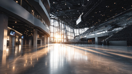 A stunning view of a modern arena's interior capturing the beauty of natural light that reflects on smooth polished floors, creating an inviting atmosphere.の素材