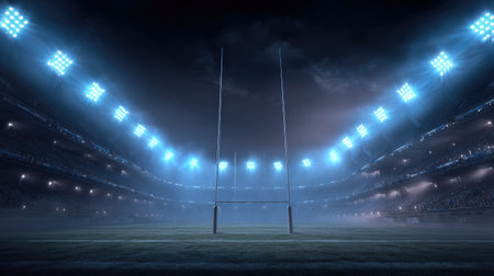 A captivating image of a rugby field illuminated by bright stadium lights, surrounded by fog, creating an intense atmosphere ideal for sports themes.の素材