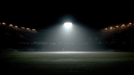 A stunning view of an empty sports field illuminated by bright floodlights at night, creating a dramatic and vibrant atmosphere within a modern stadium.の素材