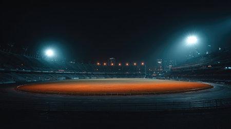 A stunning nighttime photograph capturing a spacious sports stadium with bright lights illuminating the empty stands and vibrant field, showcasing urban tranquility and architectural beauty.の素材