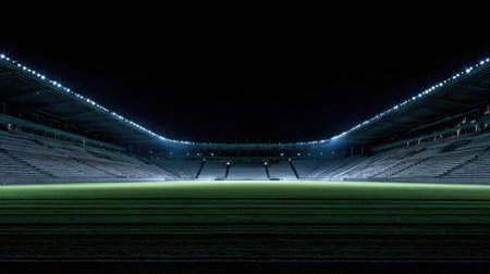 An empty stadium is illuminated by bright floodlights at night, highlighting the pristine green turf and rows of seats, creating a striking and energetic atmosphere.の素材