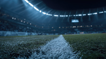A captivating night scene featuring a football field illuminated by floodlights, showcasing the vibrant atmosphere of the stadium filled with eager spectators.の素材