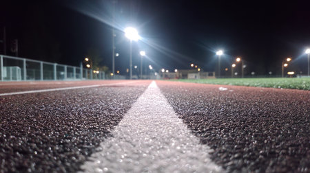 A captivating viewpoint of a sport track at night showcasing the textured surface and surrounding lights. The tranquil scene evokes a sense of calm and solitude.の素材