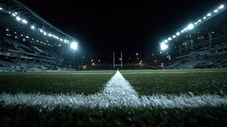A stunning night view of a rugby field featuring bright stadium lights illuminating the grass and empty stands, emphasizing the anticipation of the next thrilling match.の素材