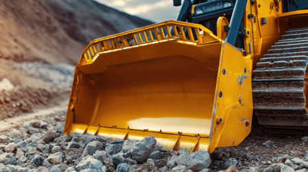 A striking close-up of a yellow excavator bucket resting on rocky ground, showcasing heavy machinery details against a backdrop of a construction site under soft golden light.の素材