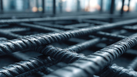 This close-up image captures steel reinforcement bars with a blurred urban background, showcasing the strength and durability of construction materials in an industrial setting.の素材