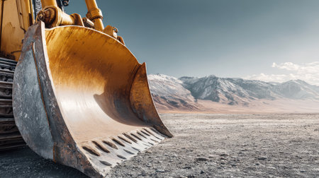 A close-up view of a heavy machinery excavator with a large yellow bucket, set against a stunning mountain landscape and clear skies, emphasizes the power of construction.の素材