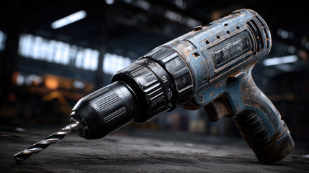 A weathered cordless power drill rests on a workbench, showcasing its intricate details and textures. Perfect for themes related to construction and DIY enthusiasts.の素材
