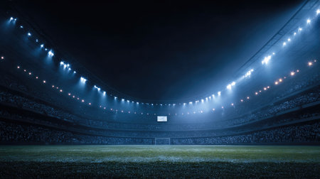 A captivating view of an empty stadium at night, showcasing bright lights over the lush grass field. Perfect for themes related to sports, events, and competitions.の素材