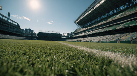 Captivating view of a modern stadium field under bright sunlight. The lush green turf contrasts against a clear blue sky, showcasing an inviting venue ideal for sports events.の素材