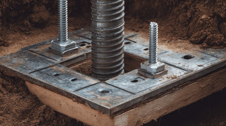 Close-up view of an industrial anchor bolt securely positioned in soil, highlighting construction equipment and techniques used for foundation support and stability.の素材