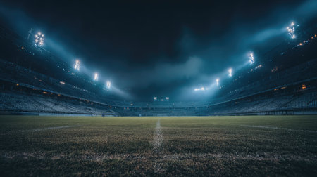 An empty sports stadium at night captures a serene and dramatic atmosphere, with bright lights illuminating the lush green field and a misty sky.の素材