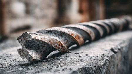 A close-up view of a rusty metal drill bit resting on a stone surface, showcasing the intricate details and textures of this essential industrial tool in a gritty environment.の素材