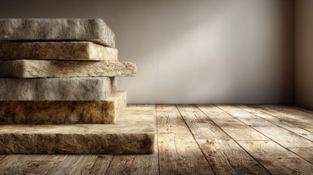 A bright interior showcasing stacked natural insulation materials on a wooden floor, emphasizing eco-friendly construction and sustainable living concepts for home improvement.の素材