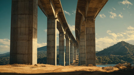 View beneath a sturdy bridge showcasing tall concrete pillars against a breathtaking landscape with mountains and serene waters, creating a peaceful atmosphere.の素材
