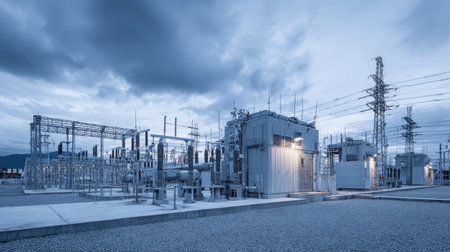 A captivating view of an industrial power station at dusk, featuring metallic structures and powerlines against dramatic clouds, highlighting urban energy infrastructure.の素材