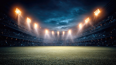 A captivating nighttime stadium image featuring bright floodlights shining on an empty field, set against a dynamic sky, evoking excitement and anticipation for upcoming events.の素材
