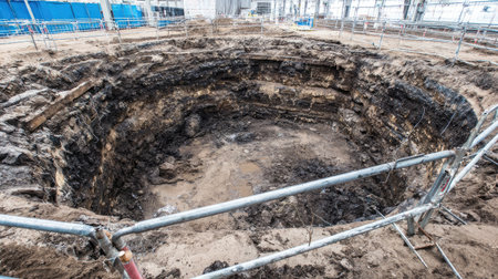 A large circular excavation site reveals various soil and rock layers during a construction project, bordered by safety barriers to ensure secure working conditions.の素材