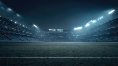 An atmospheric night view of an empty stadium with bright floodlights illuminating the field, evoking a sense of anticipation and solitude in a sports setting.の素材