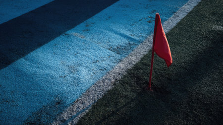 This image captures a striking close-up of a red corner flag on vibrant blue turf, emphasizing shadows and textures in a sporting environment, ideal for athletic themes.の素材