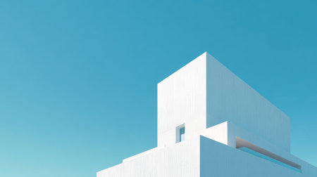 A striking image showcasing a minimalist white building design against a vibrant blue sky, highlighting architectural lines and contemporary aesthetics. Perfect for design projects.の素材