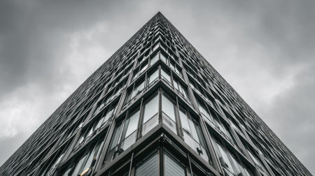 A striking image showcasing a modern glass building corner viewed from below, set against a dramatic cloudy sky. The perspective highlights bold architectural design.の素材
