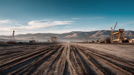A serene view of an industrial construction site featuring heavy machinery and a vast landscape, showcasing the impact of human activity in a natural setting.の素材