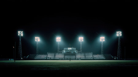 A dramatic view of an empty sports stadium at night, featuring bright floodlights illuminating the bleachers and grassy field, creating a unique atmosphere and mood.の素材