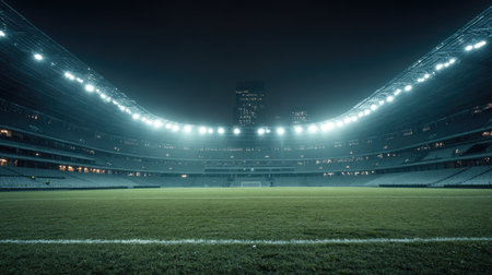A quiet and atmospheric view of an empty sports stadium at night, illuminated by bright lights that cast a soft glow on the lush green field, awaiting action.の素材