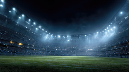 A stunning view of an empty sports stadium at night, illuminated by bright floodlights. The field is pristine, creating a perfect backdrop for an upcoming event.の素材