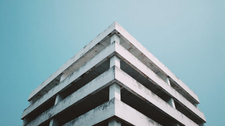 A striking abstract image of a modern concrete building under a clear blue sky. The geometric lines and minimalist design emphasize the architectural elements beautifully.の素材