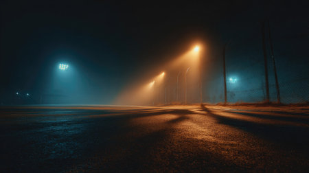 This enchanting nighttime photograph captures a foggy landscape illuminated by street lights. The wet road reflects soft light, creating a mysterious and serene atmosphere.の素材