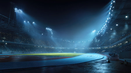 This captivating image showcases an empty stadium at night, illuminated by bright floodlights. The serene blue track and soft ambiance create an inviting atmosphere for future sports events.の素材