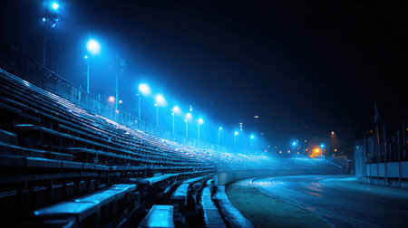 An empty race track at night, featuring luminous blue lights illuminating the stands, creating a captivating scene full of potential and excitement for future events.の素材