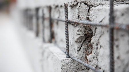 This image captures a close-up view of a concrete wall featuring exposed rebar. The detailed focus reveals the texture and structural elements, emphasizing construction dynamics.の素材