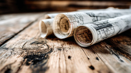 Rolled vintage paper maps rest elegantly on a rustic wooden table, ideal for representing travel, adventure, and the beauty of exploration in art and design.の素材
